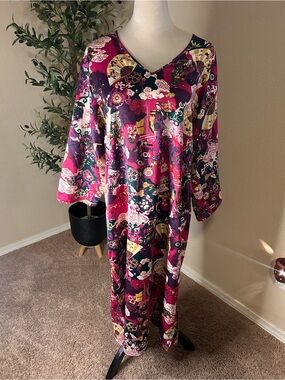 Natori Cruz Kaftan Kimono Dress Loungewear Floral Asian